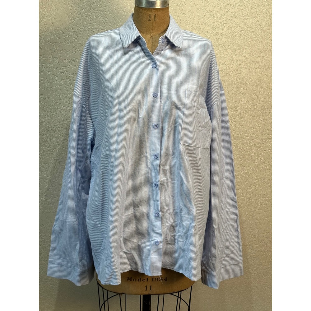 PrettyLittleThing Womens Blue White Striped Cotton Oversized Button Down NWT